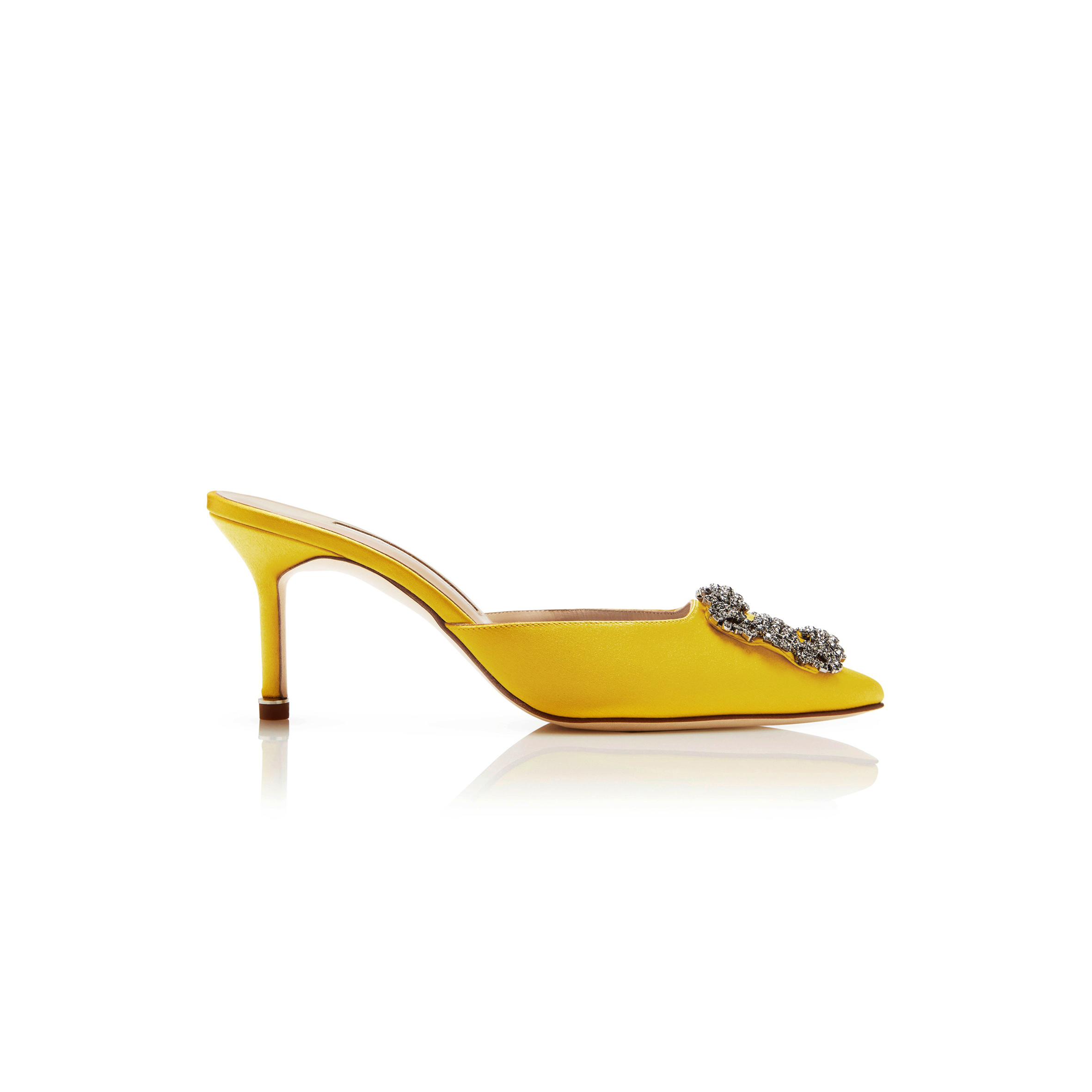 MANOLO BLAHNIK HANGISIMU YELLOW SATIN JEWEL BUCKLE MULES 9XX-0726-0056